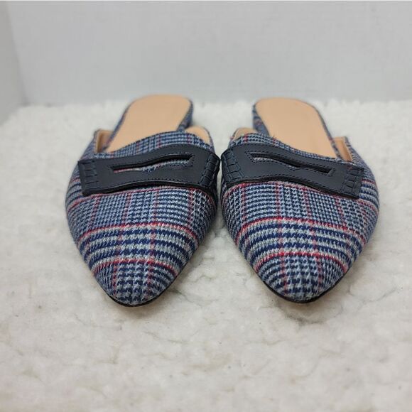 J. Crew Tweed Womens Slip On Mule Size 9 Loafer Plaid Navy Blue Point Toe Shoes - Picture 2 of 10